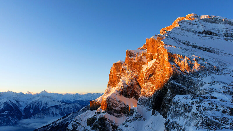 Snow-covered Mountain Peak — Blue, Dramatic, Sunrise, Photograph, Mountains, Snow