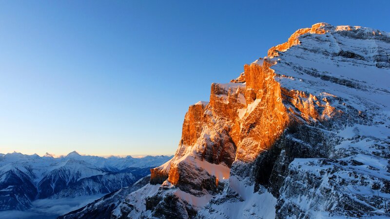Snow-covered Mountain Peak — Blue, Dramatic, Sunrise, Photograph, Mountains