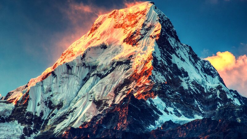 Snow-covered Mountain Peak — Blue, Dramatic, Sunrise, Photograph, Sky, Clouds
