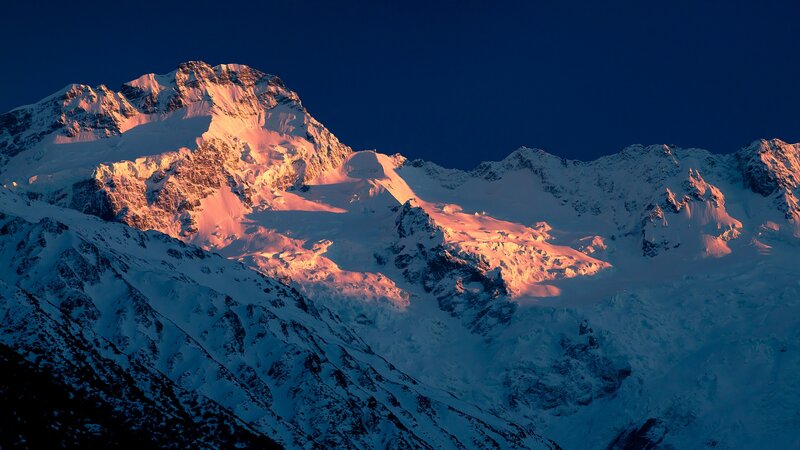 Snow-covered Mountain Peak — Blue, Dramatic, Sunrise, Photograph, Snow
