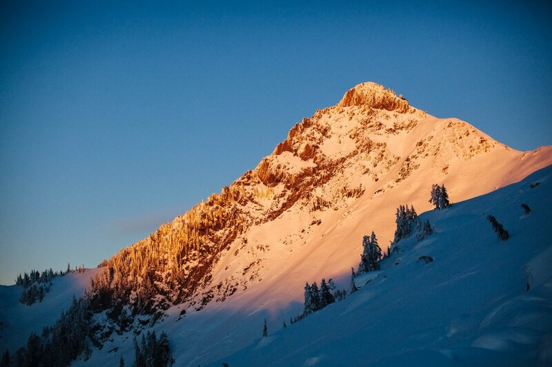 Snow-covered Mountain Peak — Blue, Dramatic, Sunrise, Photograph, Snow, Trees