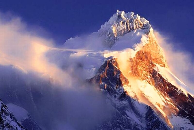 Snow-covered Mountain Peak — Blue, Dramatic, Sunrise, Photograph