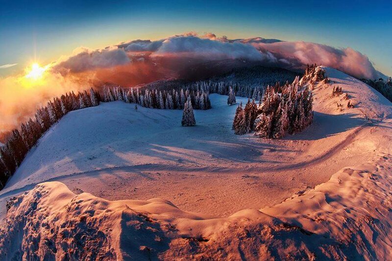 Snow-covered Mountain Peak — Blue, Dramatic, Sunrise, Photograph, Trees