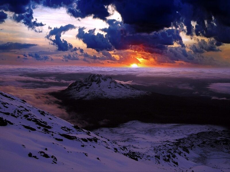 Snow-covered Mountain Peak — Blue, Dramatic, Sunset, Photograph, Clouds, Sun