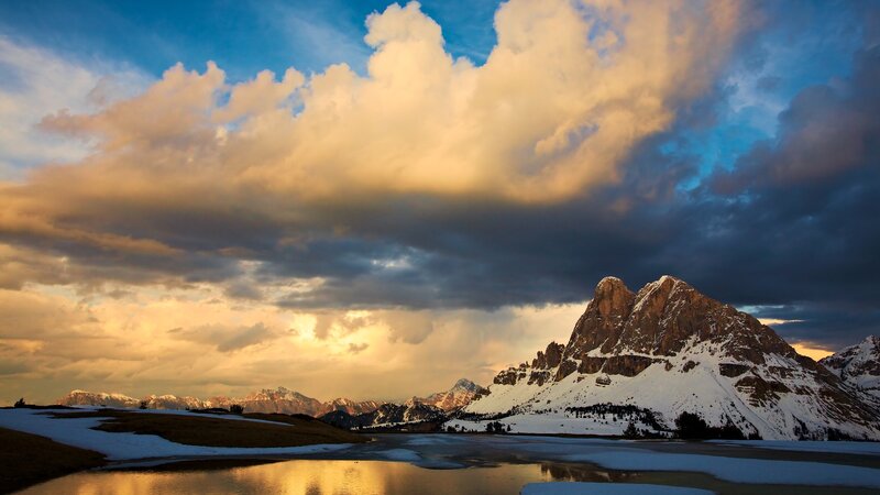 Snow-covered Mountain Peak — Blue, Dramatic, Sunset, Photograph, Clouds