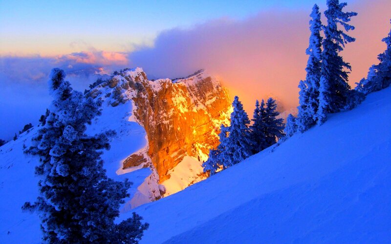 Snow-covered Mountain Peak — Blue, Dramatic, Sunset, Photograph, Trees, Clouds