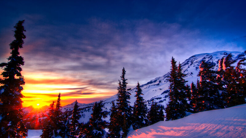 Snow-covered Mountain Peak — Blue, Dramatic, Sunset, Photograph, Trees, Sun