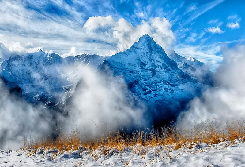 Snow-covered Mountain Peak — Blue, Dramatic, Winter, Photograph, Clouds, Sky