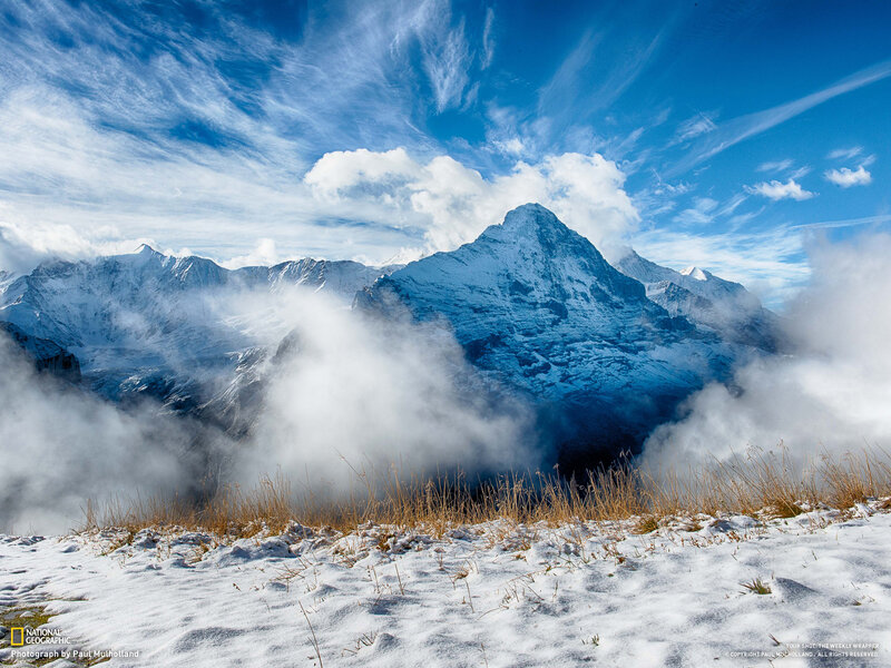 Snow-covered Mountain Peak — Blue, Dramatic, Winter, Photograph, Clouds, Snow