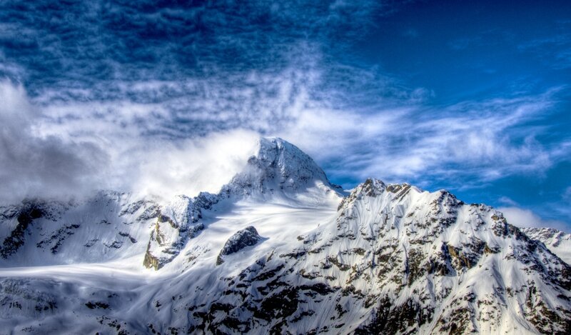 Snow-covered Mountain Peak — Blue, Dramatic, Winter, Photograph, Clouds