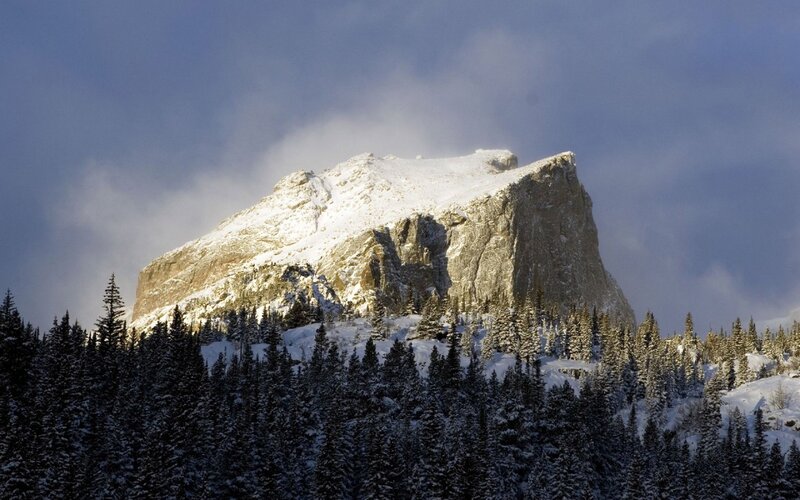 Snow-covered Mountain Peak — Blue, Dramatic, Winter, Photograph, Forest, Clouds, Trees, Snow