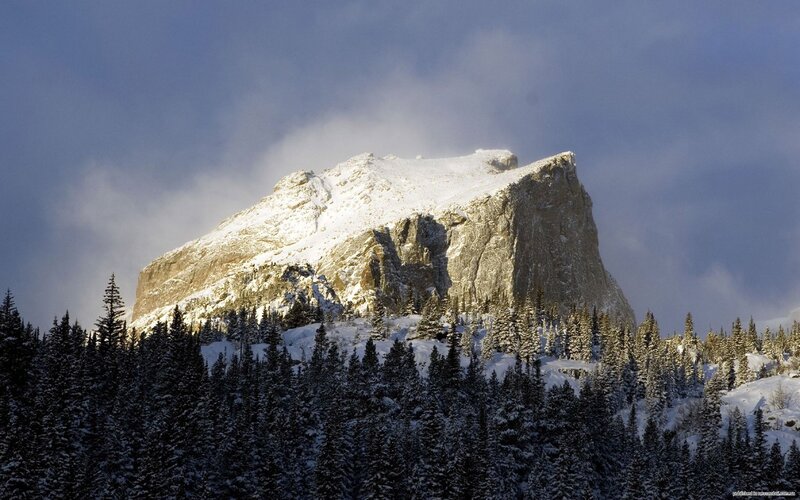 Snow-covered Mountain Peak — Blue, Dramatic, Winter, Photograph, Forest, Clouds, Trees