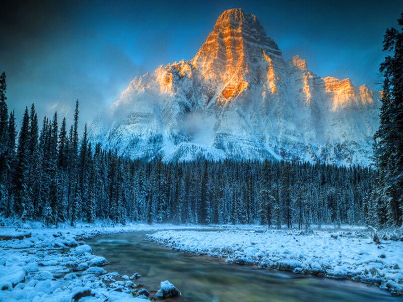 Snow-covered Mountain Peak — Blue, Dramatic, Winter, Photograph, Forest, River