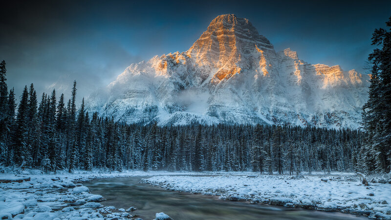 Snow-covered Mountain Peak — Blue, Dramatic, Winter, Photograph, Forest