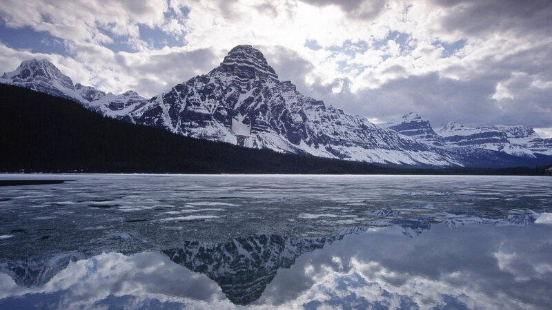 Snow-covered Mountain Peak — Blue, Dramatic, Winter, Photograph, Lake