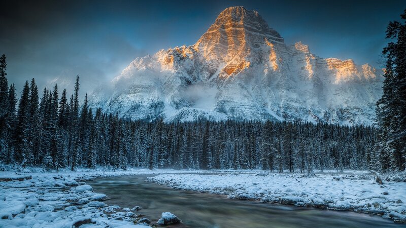 Snow-covered Mountain Peak — Blue, Dramatic, Winter, Photograph, River, Forest, Snow