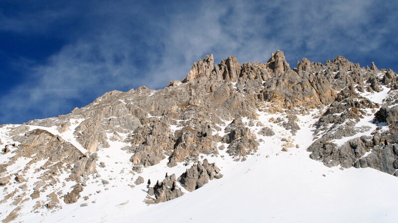 Snow-covered Mountain Peak — Blue, Dramatic, Winter, Photograph, Rocky Cliffs