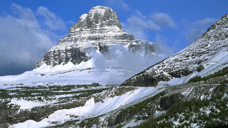 Snow-covered Mountain Peak — Blue, Dramatic, Winter, Photograph, Snow, Clouds, Forest