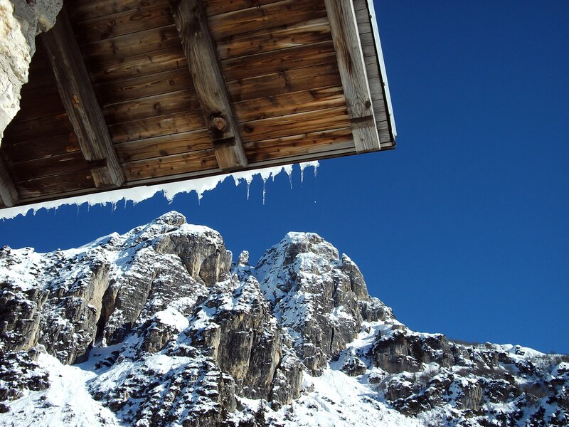 Snow-covered Mountain Peak — Blue, Dramatic, Winter, Photograph, Wooden Structure