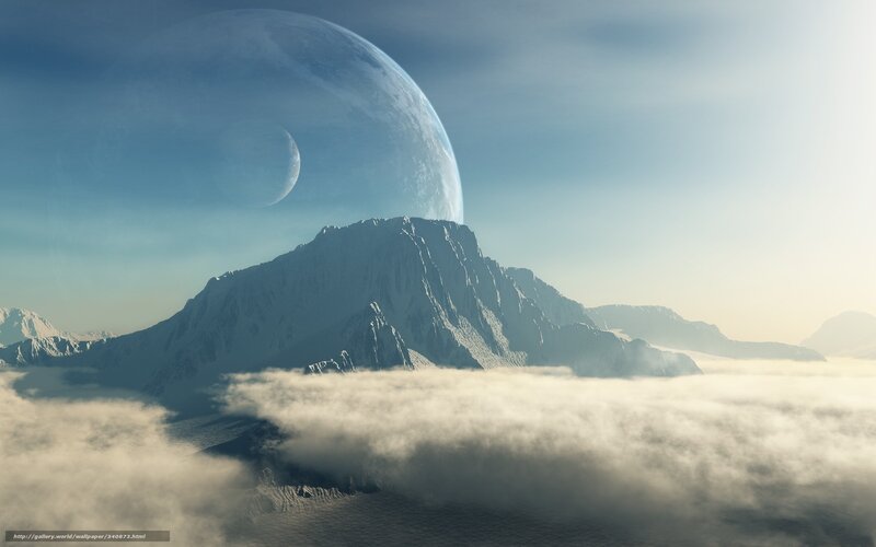 Snow-covered Mountain Peak — Blue, Serene, Morning, Digital Art, Clouds