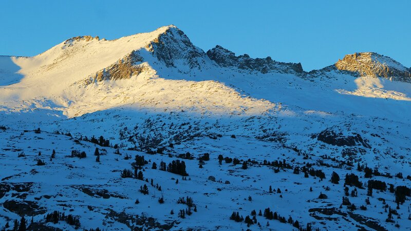 Snow-covered Mountain Peak — Blue, Serene, Morning, Photograph, Snow