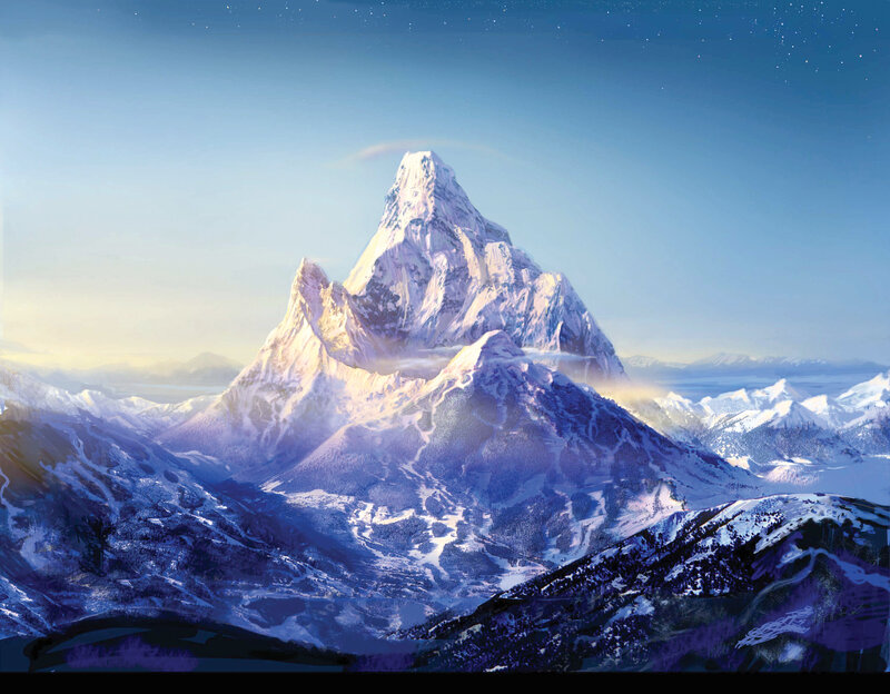 Snow-covered Mountain Peak — Blue, Serene, Night, Digital Art