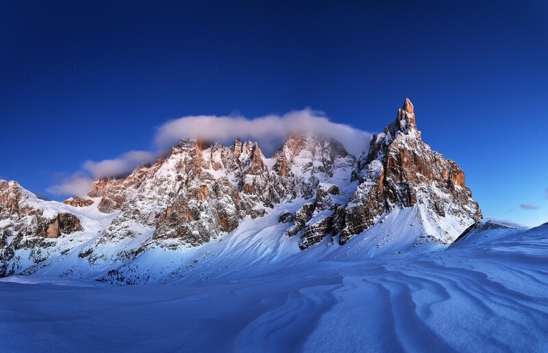 Snow-covered Mountain Peak — Blue, Serene, Night, Photograph, Clouds