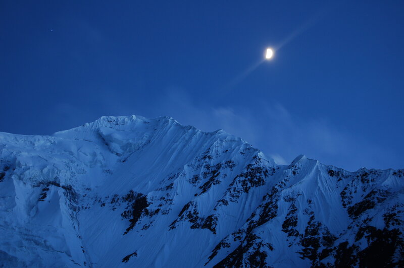Snow-covered Mountain Peak — Blue, Serene, Night, Photograph, Moon, Clouds