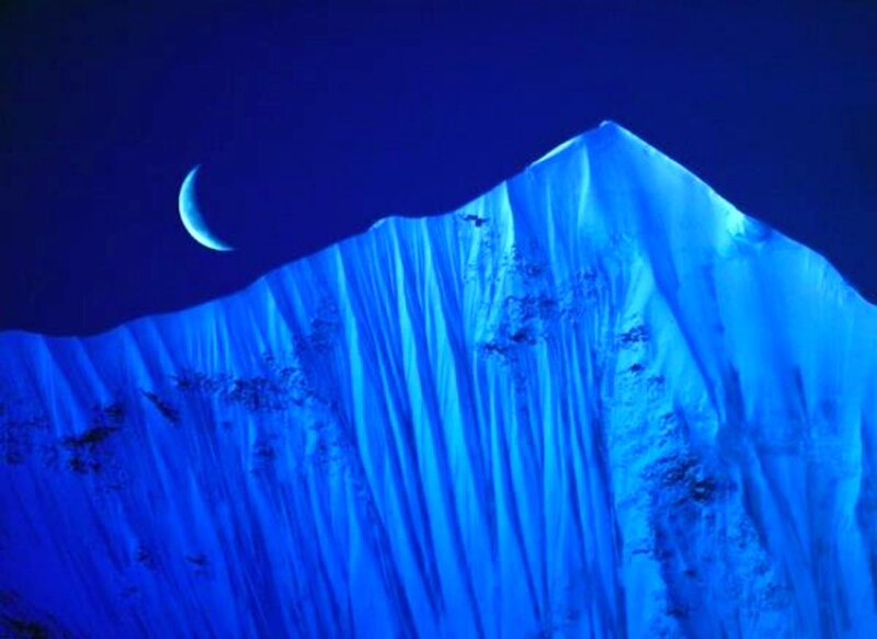 Snow-covered Mountain Peak — Blue, Serene, Night, Photograph, Moon, Night Sky