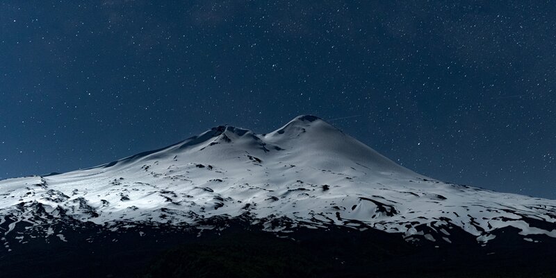 Snow-covered Mountain Peak — Blue, Serene, Night, Photograph, Stars, Sky