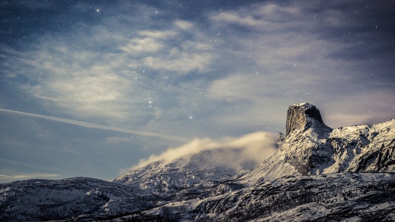 Snow-covered Mountain Peak — Blue, Serene, Night, Photograph, Stars