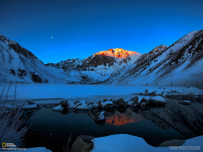 Snow-covered Mountain Peak — Blue, Serene, Night