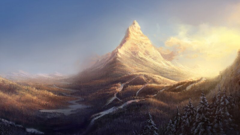 Snow-covered Mountain Peak — Blue, Serene, Sunrise, Digital Art