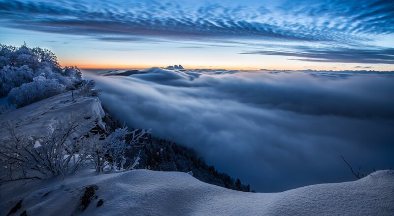 Snow-covered Mountain Peak — Blue, Serene, Sunrise, Photograph, Frosty Trees
