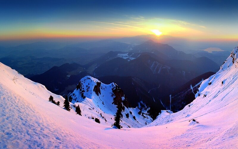 Snow-covered Mountain Peak — Blue, Serene, Sunrise, Photograph, Mountains, Trees