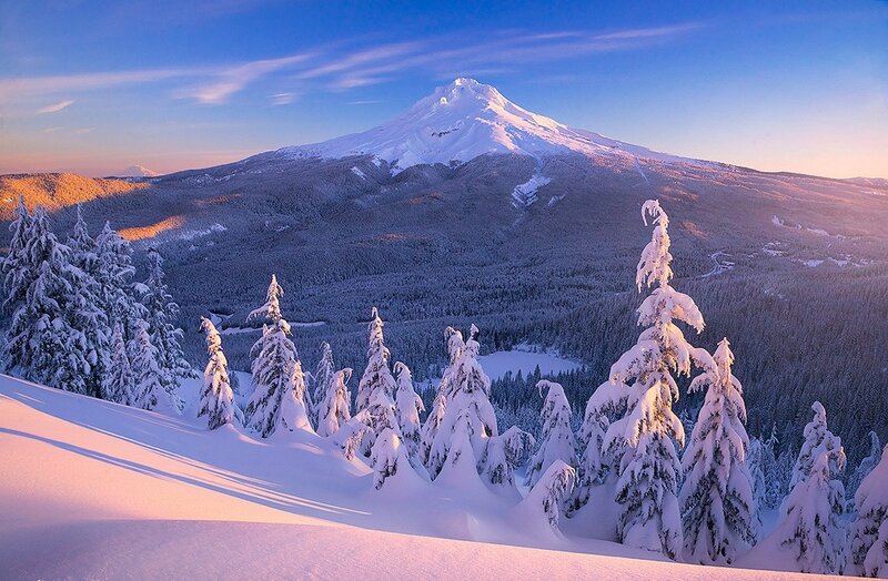 Snow-covered Mountain Peak — Blue, Serene, Sunrise, Photograph, Snow