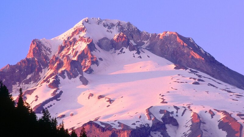 Snow-covered Mountain Peak — Blue, Serene, Sunrise, Photograph, Snow, Trees