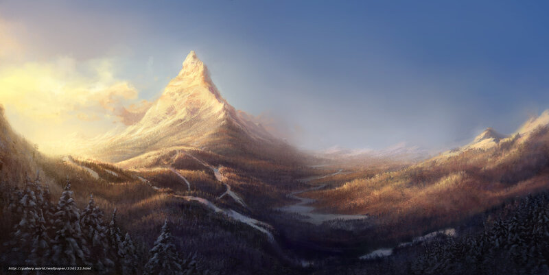 Snow-covered Mountain Peak — Blue, Serene, Sunset, Digital Art