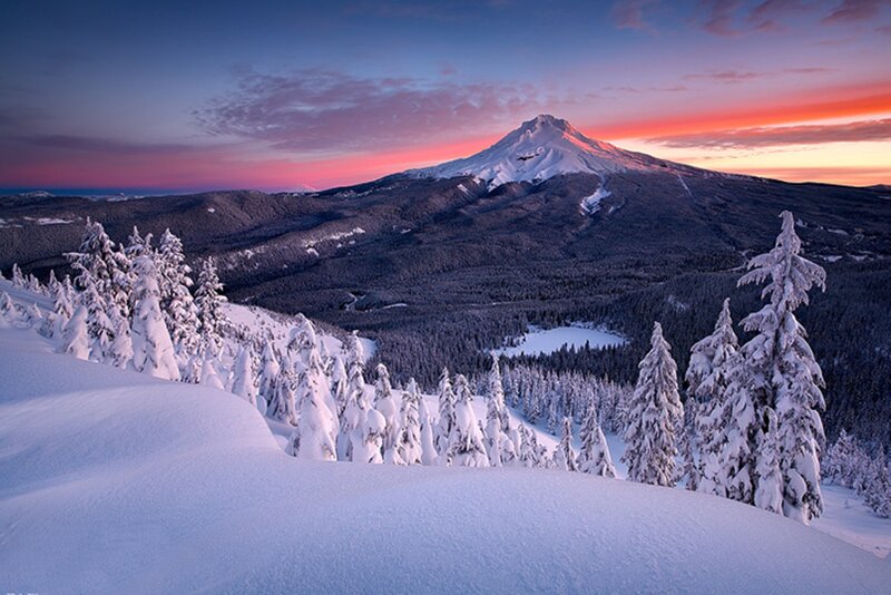 Snow-covered Mountain Peak — Blue, Serene, Sunset, Photograph, Trees
