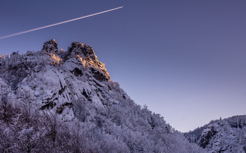 Snow-covered Mountain Peak — Blue, Serene, Winter, Photograph, Airplane Contrail