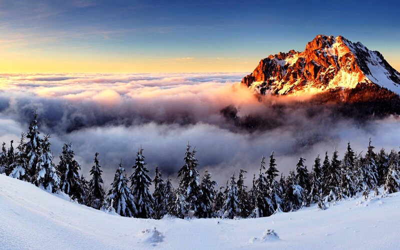 Snow-covered Mountain Peak — Blue, Serene, Winter, Photograph, Clouds, Pine Trees