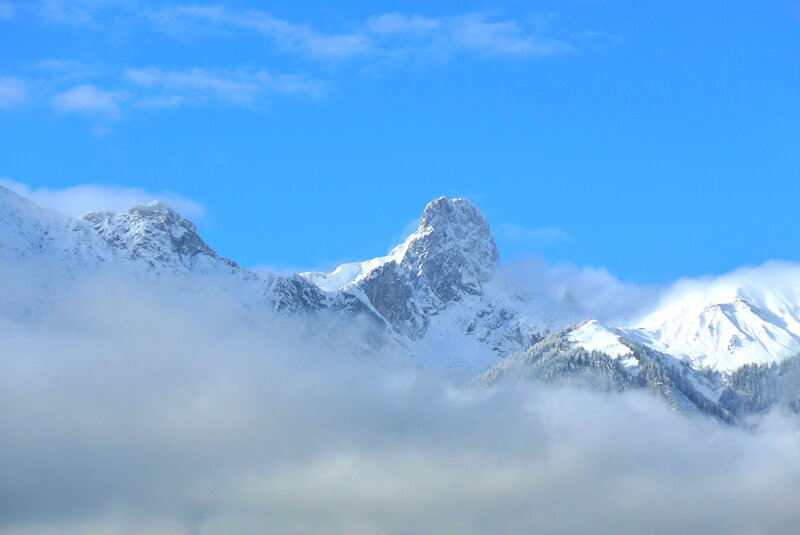 Snow-covered Mountain Peak — Blue, Serene, Winter, Photograph, Clouds, Sky, Trees