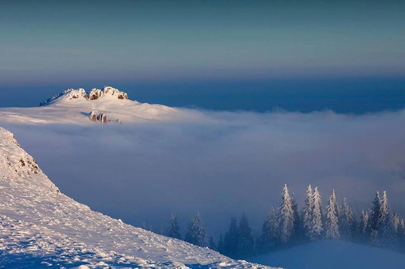 Snow-covered Mountain Peak — Blue, Serene, Winter, Photograph, Clouds, Trees
