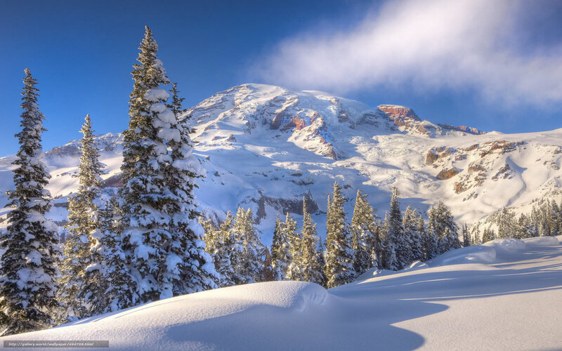 Snow-covered Mountain Peak — Blue, Serene, Winter, Photograph, Evergreen Trees, Snow, Clouds
