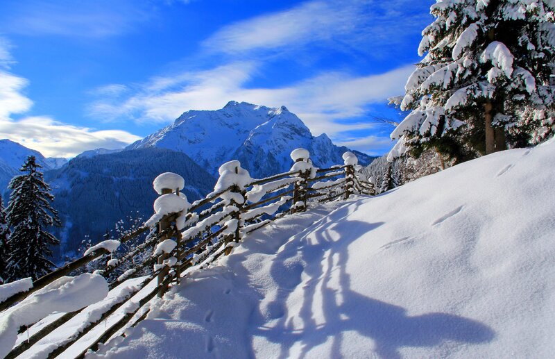 Snow-covered Mountain Peak — Blue, Serene, Winter, Photograph, Fence