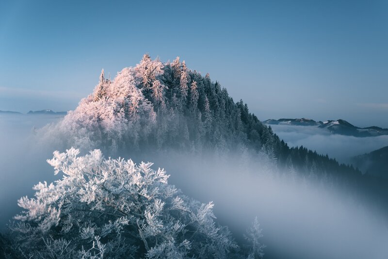 Snow-covered Mountain Peak — Blue, Serene, Winter, Photograph, Fog