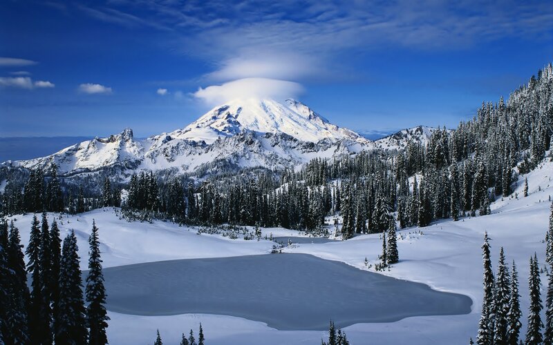 Snow-covered Mountain Peak — Blue, Serene, Winter, Photograph, Forest, Lake