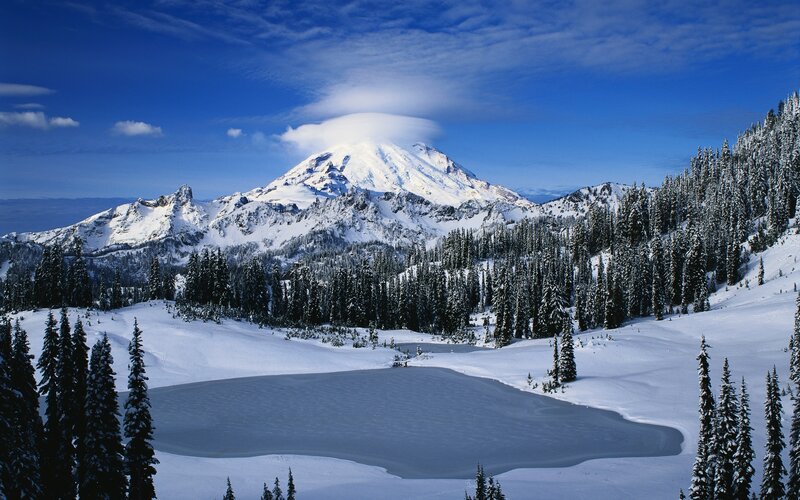 Snow-covered Mountain Peak — Blue, Serene, Winter, Photograph, Pine Trees