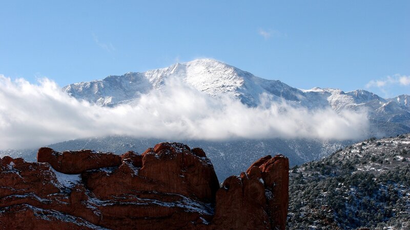 Snow-covered Mountain Peak — Blue, Serene, Winter, Photograph, Red Rock Formations