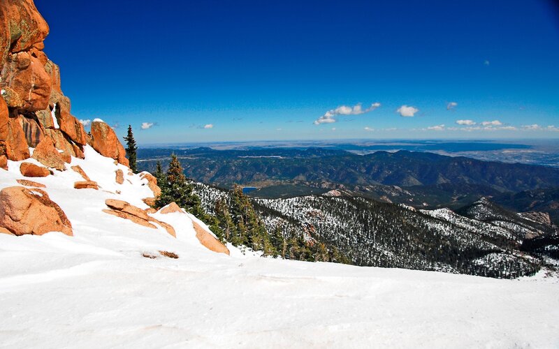 Snow-covered Mountain Peak — Blue, Serene, Winter, Photograph, Rocks, Trees, Valley, White